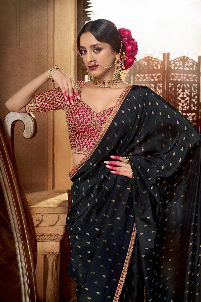 Black Handwoven Banarasi Saree with Red Embroidered Blouse VA