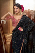 Black Handwoven Banarasi Saree with Red Embroidered Blouse VA