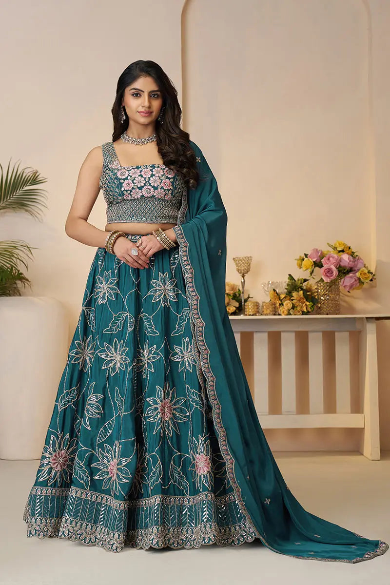 Blue Elegance: Bridesmaid Lehenga with Sequin Sparkle & Floral Embroidery KSR