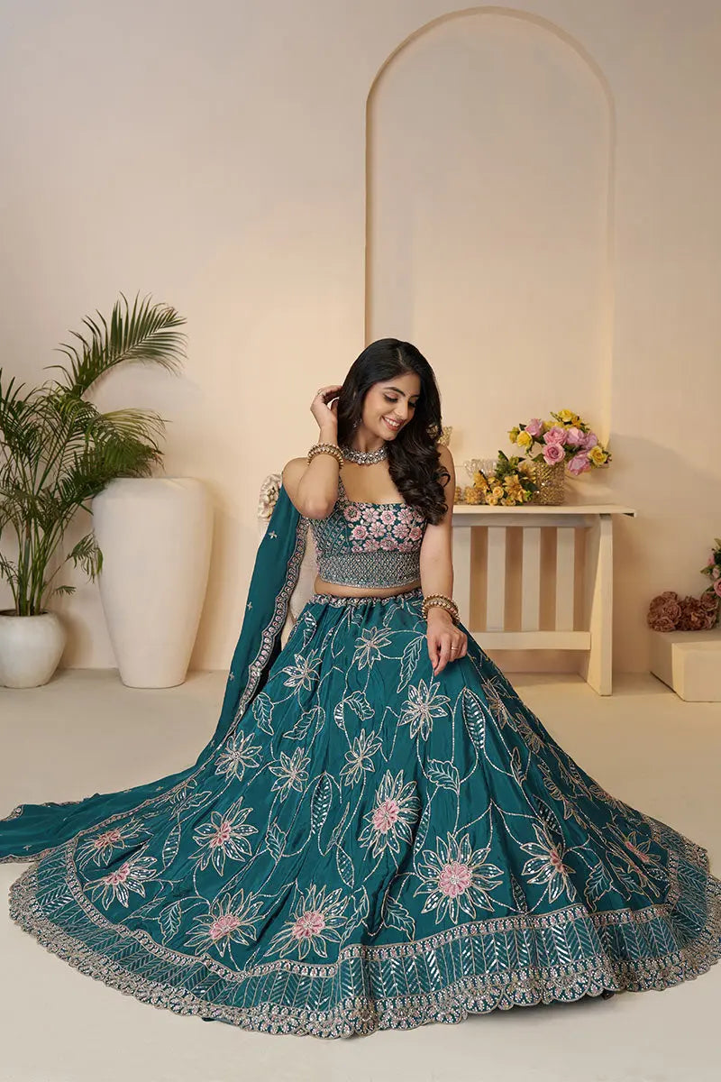 Blue Elegance: Bridesmaid Lehenga with Sequin Sparkle & Floral Embroidery KSR