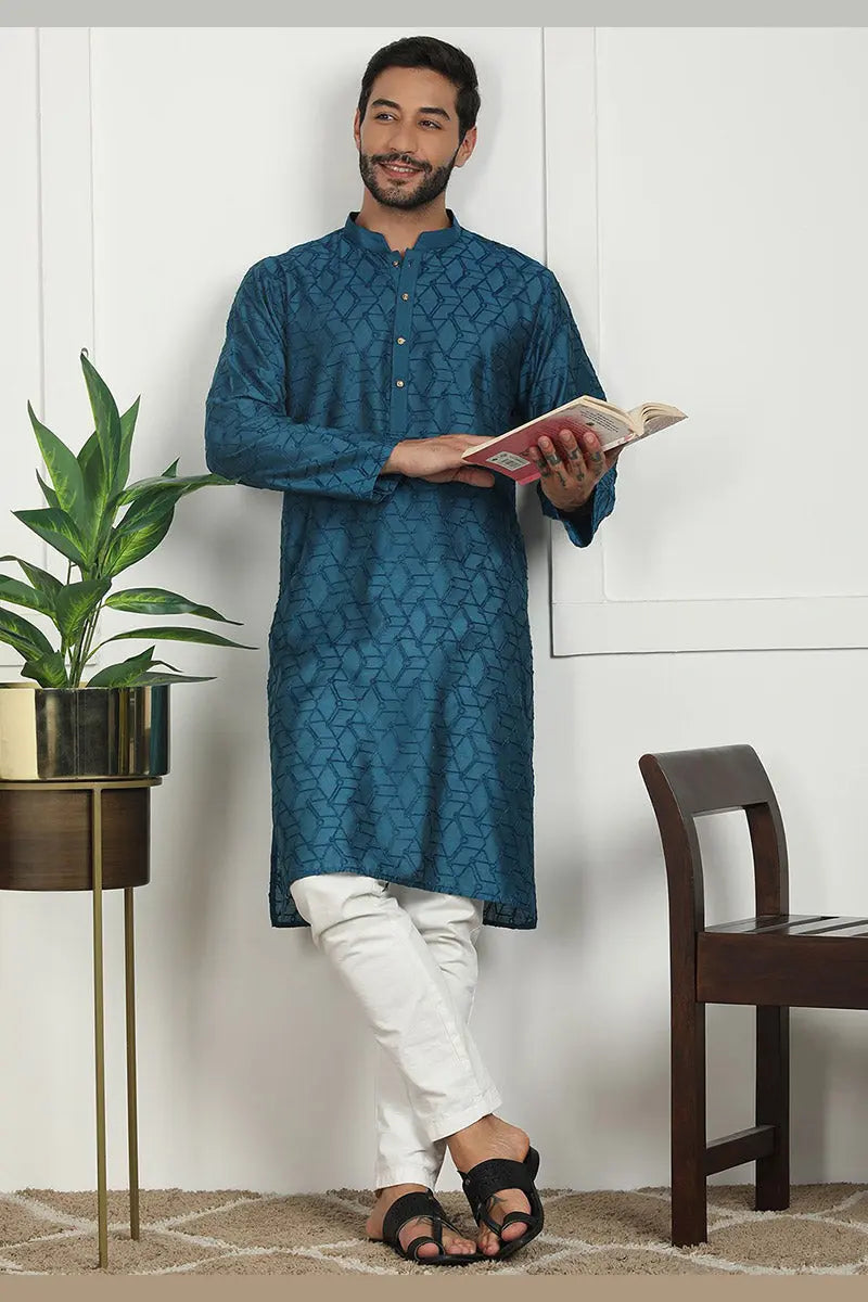 Blue Jacquard Kurta for Men – Festive & Formal Wear KSF