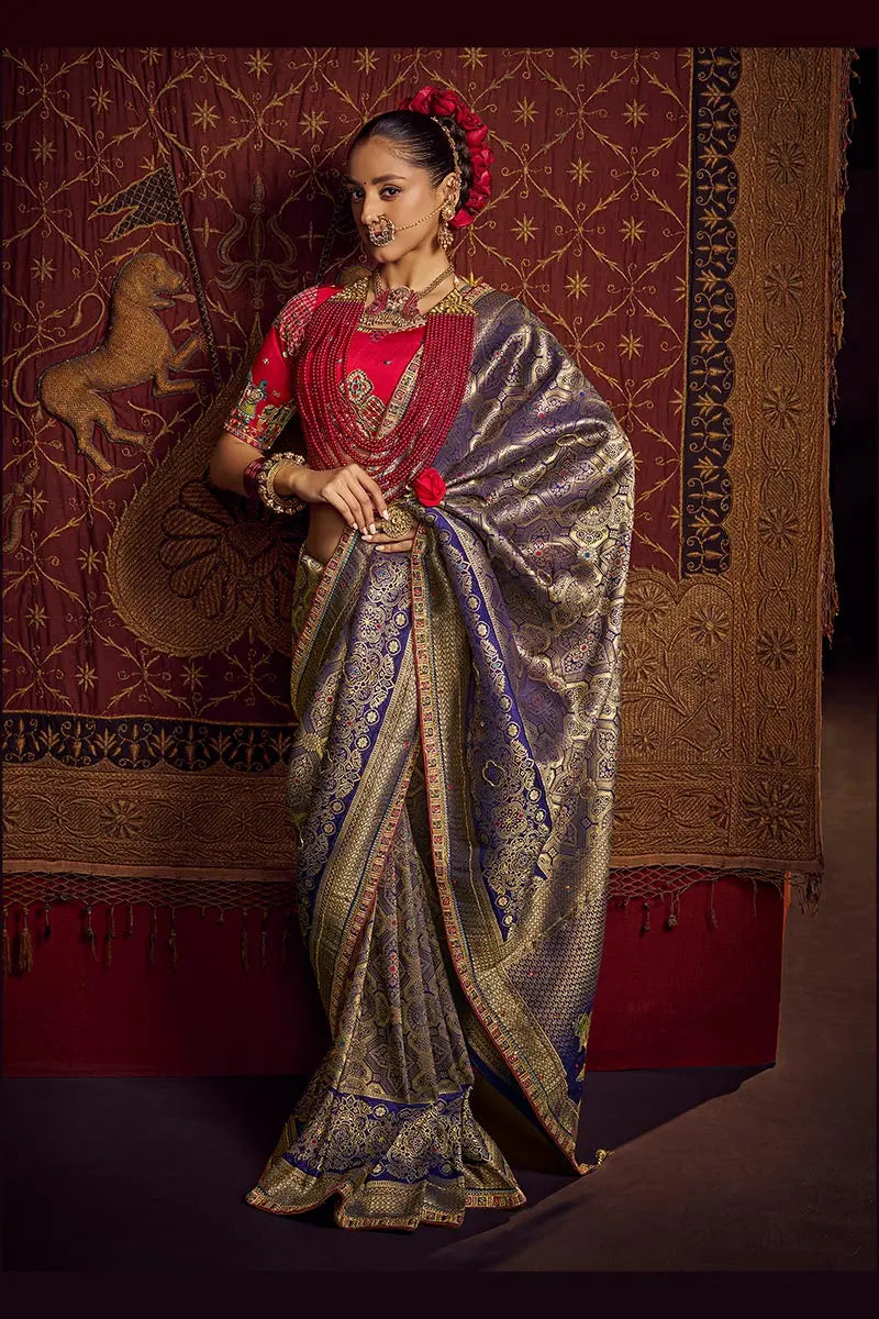 Blue Patola Banarasi Saree with Golden Zari Weave – Bridal & Festive Wear VA