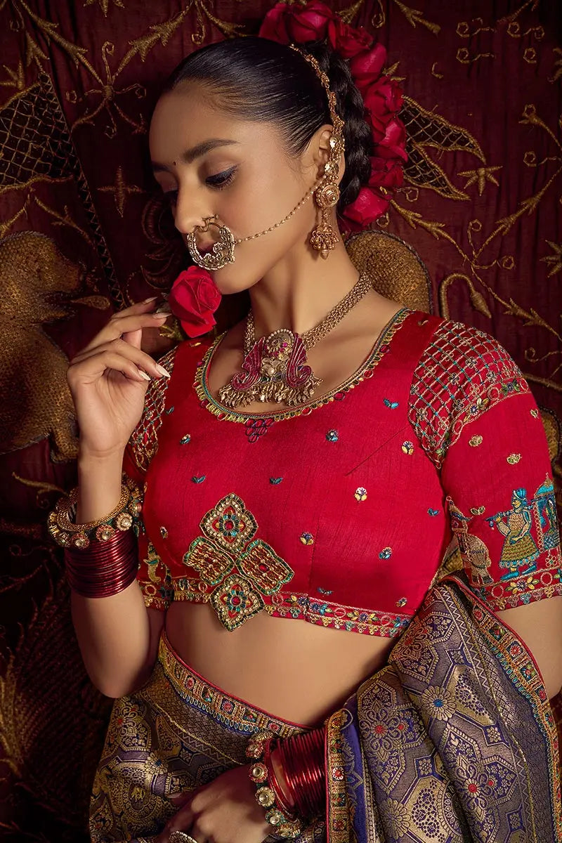 Blue Patola Banarasi Saree with Golden Zari Weave – Bridal & Festive Wear VA