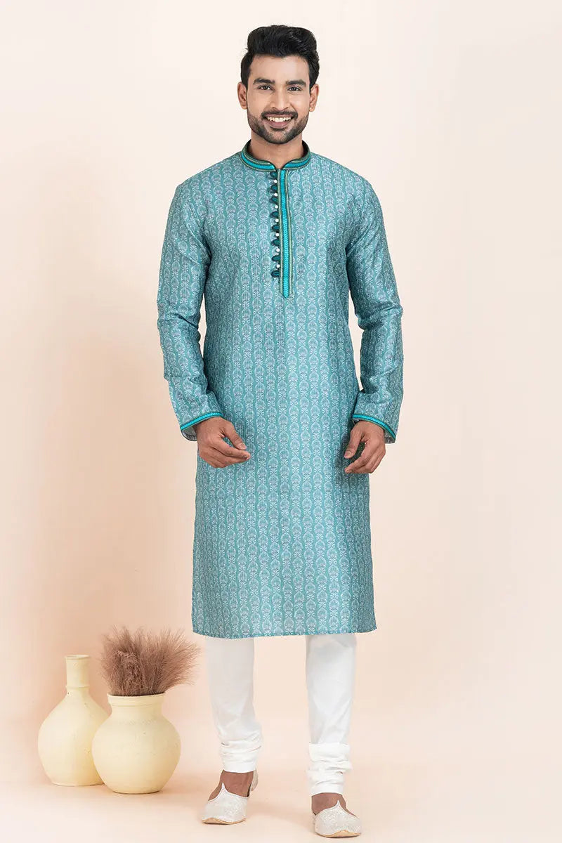 Blue and White Kurta Pajama Cotton Printed Set | Traditional Wear RTI