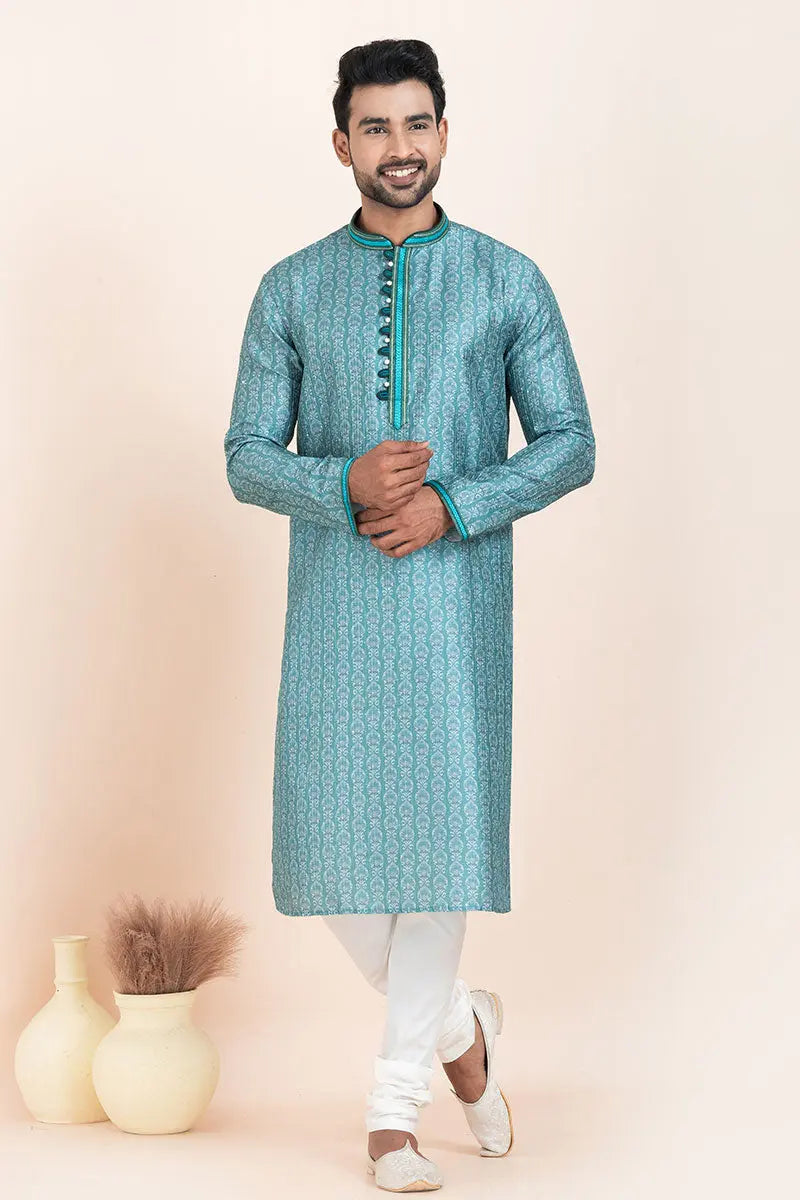 Blue and White Kurta Pajama Cotton Printed Set | Traditional Wear RTI