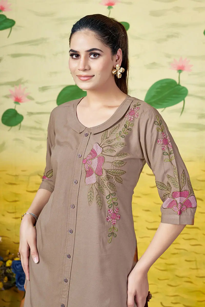 Brown Floral Embroidered Co-Ord Set – Casual Chic Two-Piece PR
