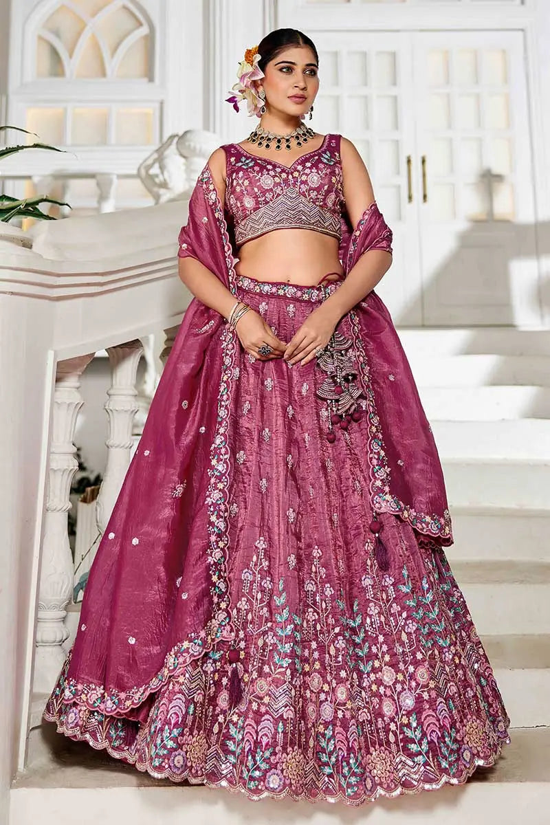 Burgundy Embroidered Lehenga with Dupatta – Festive & Wedding Wear RTI