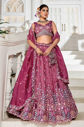 Burgundy Embroidered Lehenga with Dupatta – Festive & Wedding Wear RTI