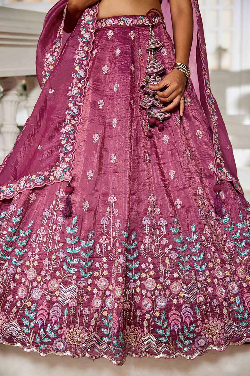 Burgundy Embroidered Lehenga with Dupatta – Festive & Wedding Wear RTI