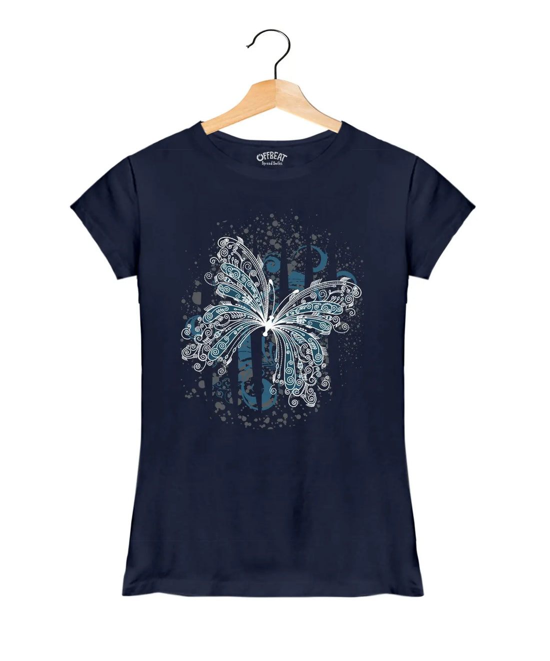 Butterfly - Women’s T-Shirt –  Premium Round Neck - Navy Blue - 100% Cotton Offbeat