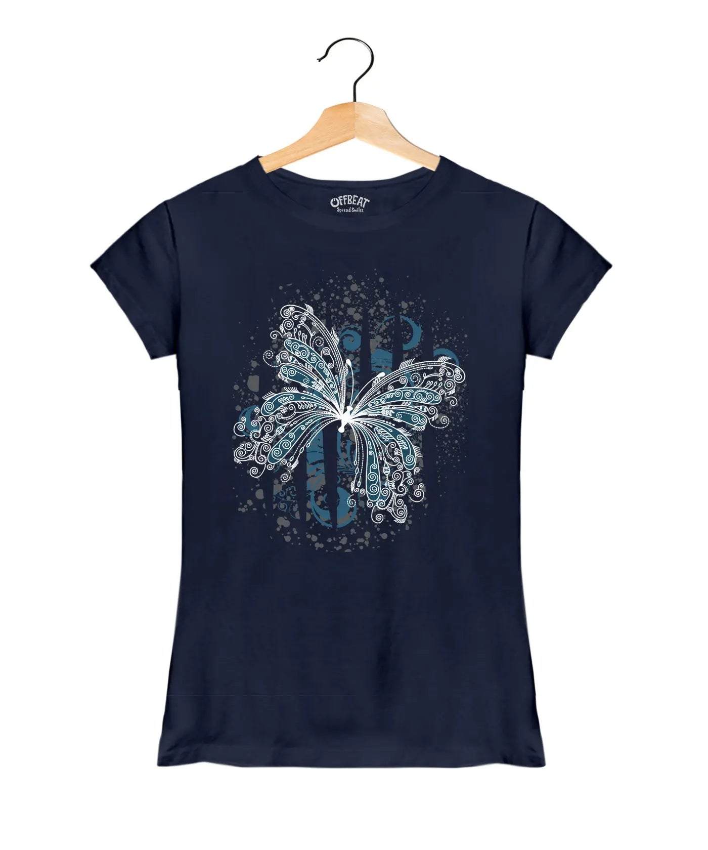Butterfly - Women’s T-Shirt –  Premium Round Neck - Navy Blue - 100% Cotton Offbeat