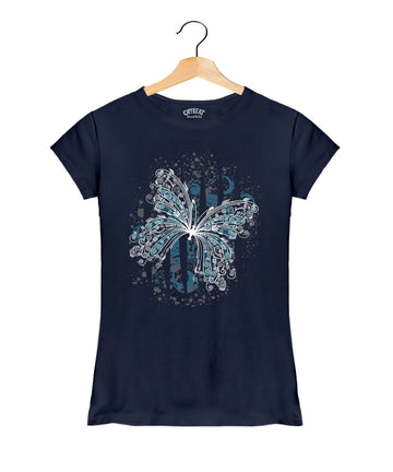 Butterfly - Women’s T-Shirt –  Premium Round Neck - Navy Blue - 100% Cotton Offbeat