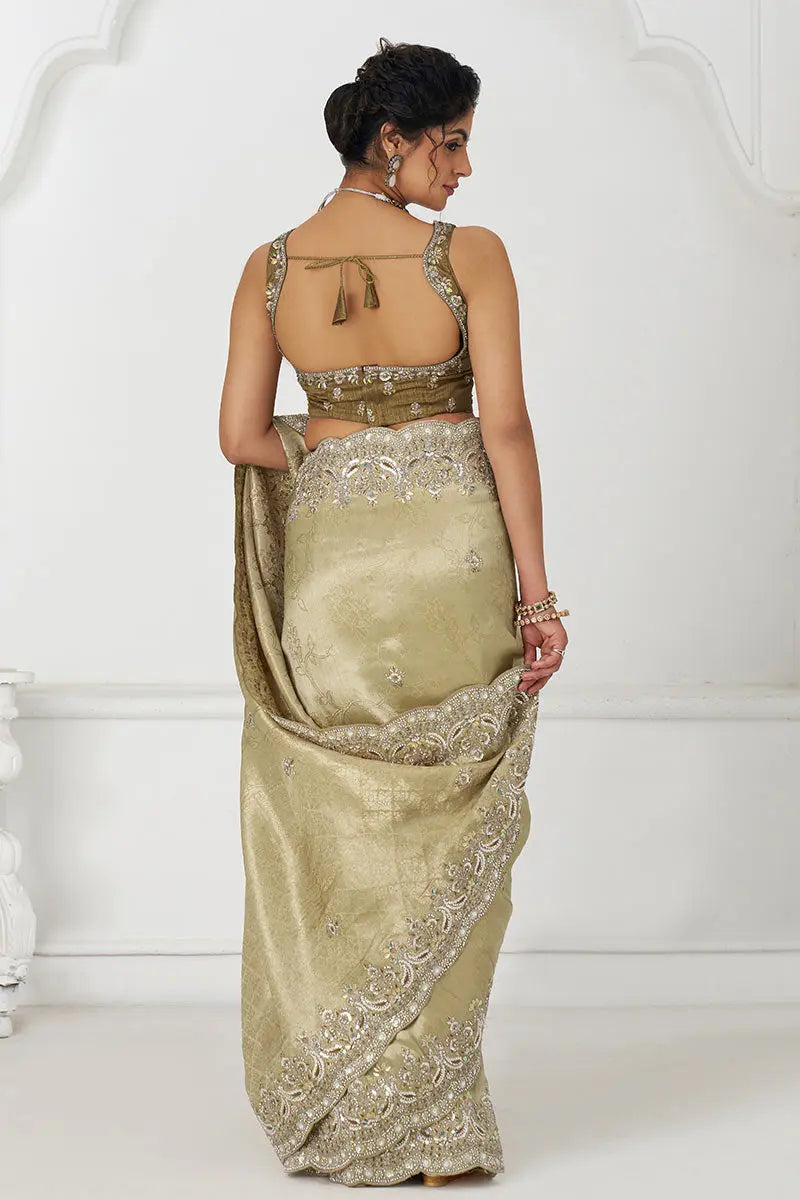 Champagne Chiku Silk Saree with Sequin Embroidery KSR