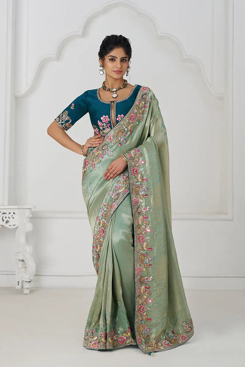 Champagne Grace: Embroidered Dola Silk Saree with Birds, Sequins & Beads KSR