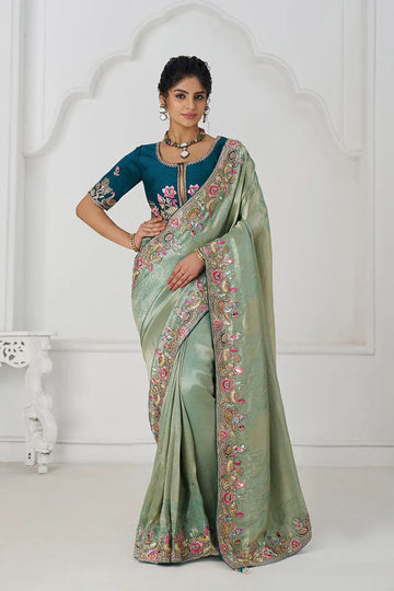 Champagne Grace: Embroidered Dola Silk Saree with Birds, Sequins & Beads KSR