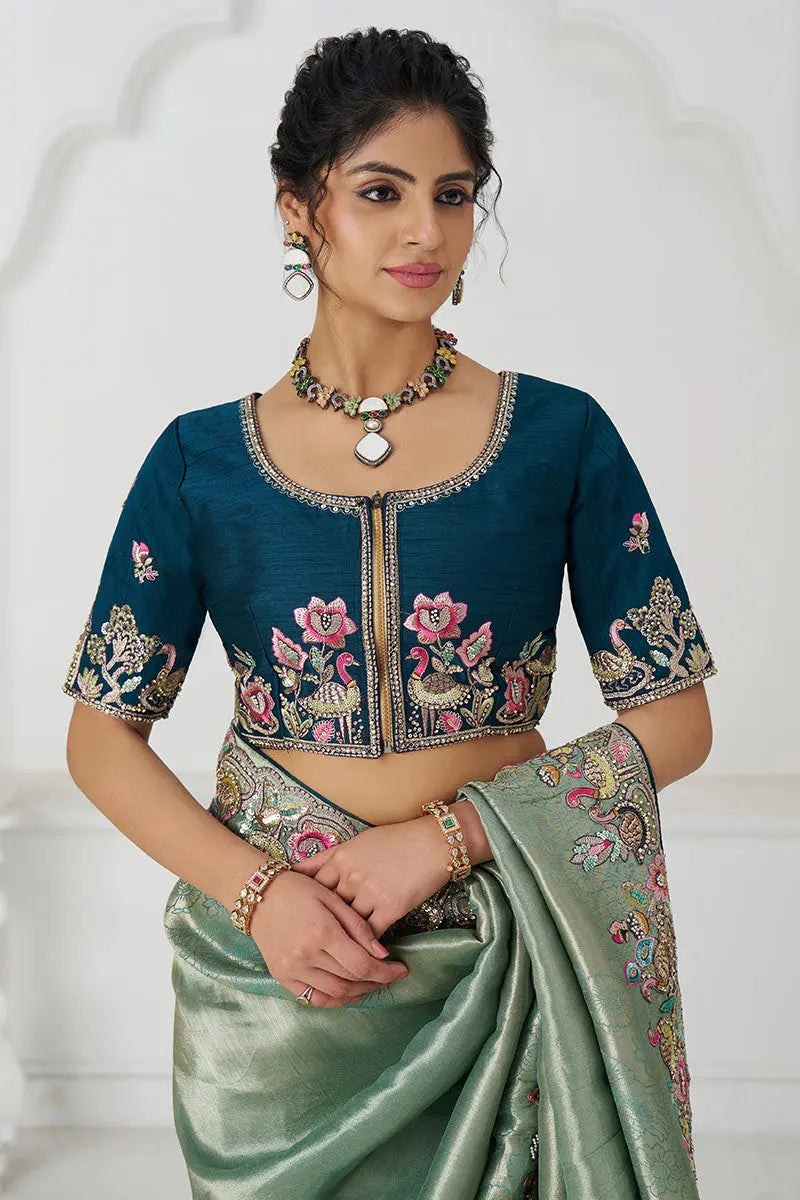 Champagne Grace: Embroidered Dola Silk Saree with Birds, Sequins & Beads KSR
