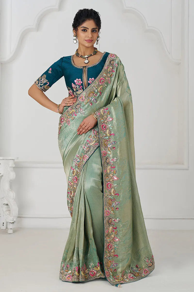 Champagne Grace: Embroidered Dola Silk Saree with Birds, Sequins & Beads KSR