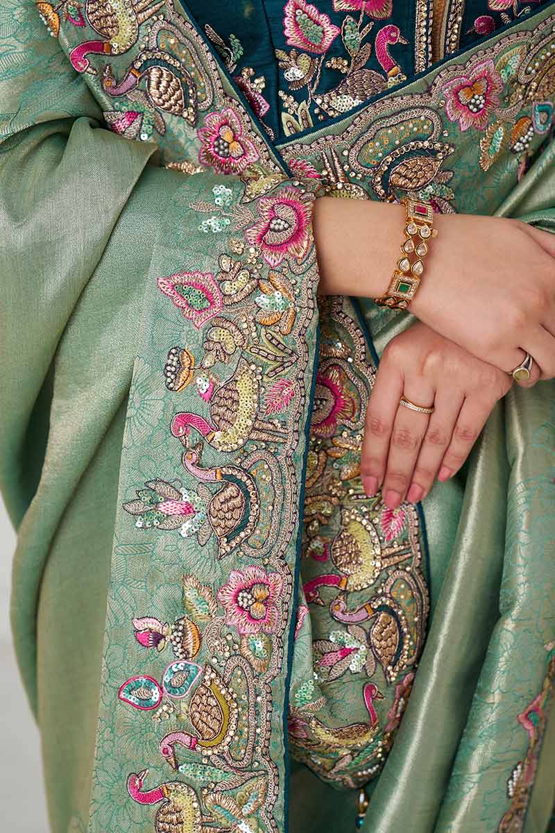 Champagne Grace: Embroidered Dola Silk Saree with Birds, Sequins & Beads KSR