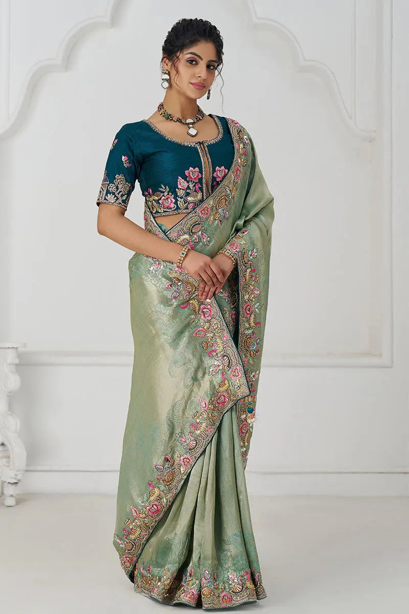 Champagne Grace: Embroidered Dola Silk Saree with Birds, Sequins & Beads KSR