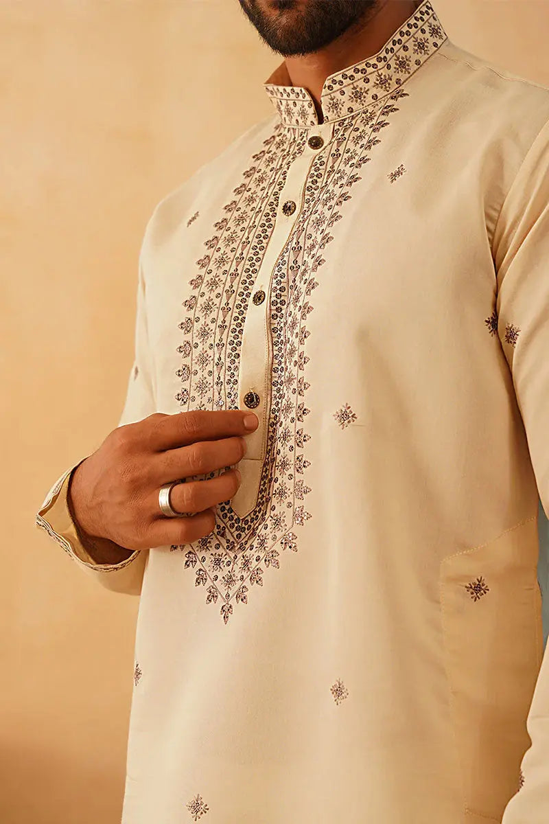 Cream Embroidered Designer Kurta Pajama Set - Traditional Wear VA