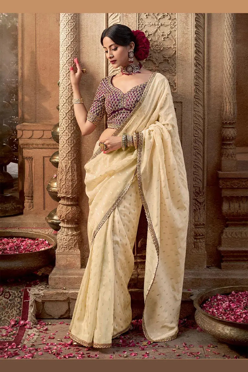 Cream Handwoven Banarasi Saree with Red Embroidered Blouse VA