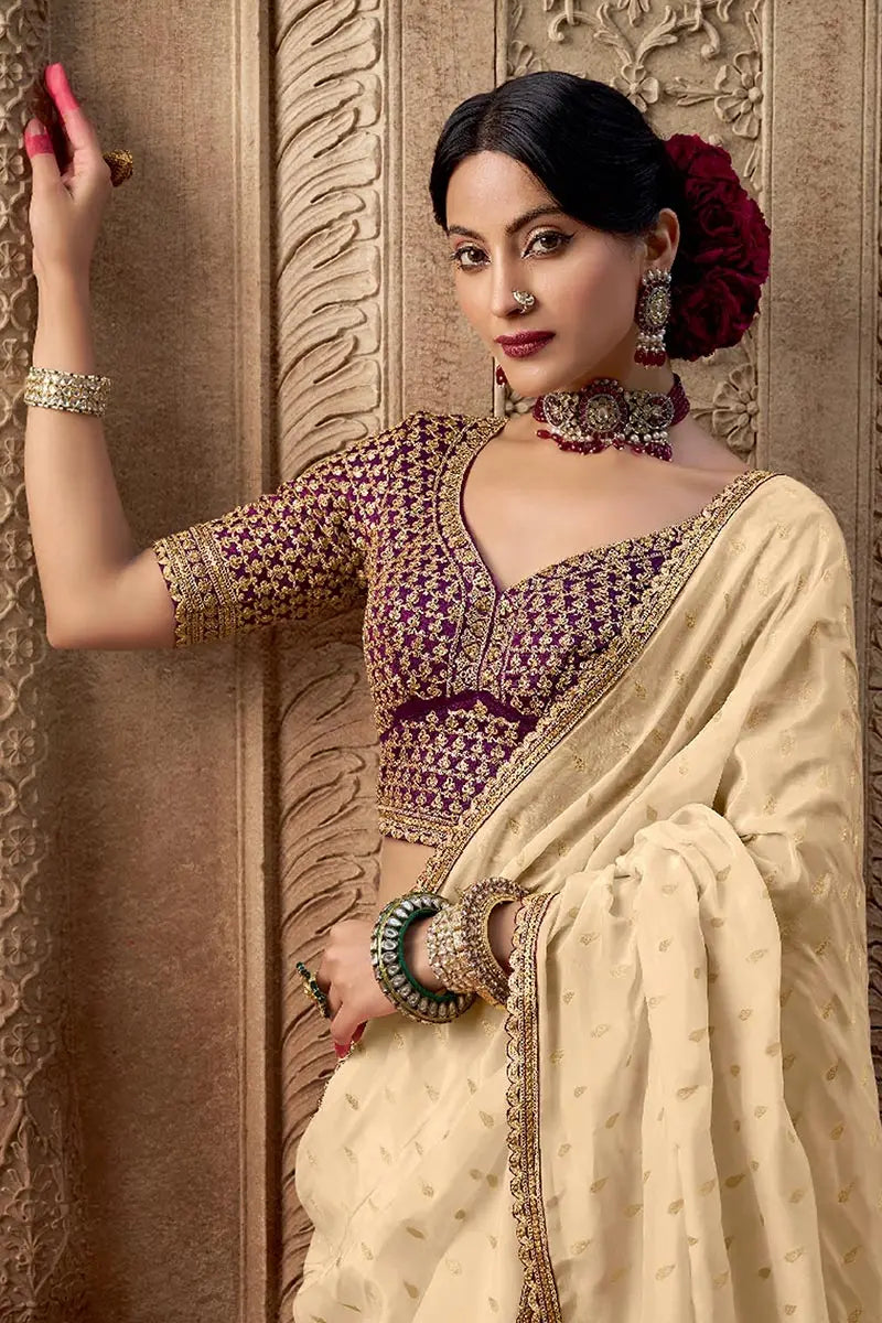 Cream Handwoven Banarasi Saree with Red Embroidered Blouse VA