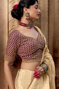 Cream Handwoven Banarasi Saree with Red Embroidered Blouse VA