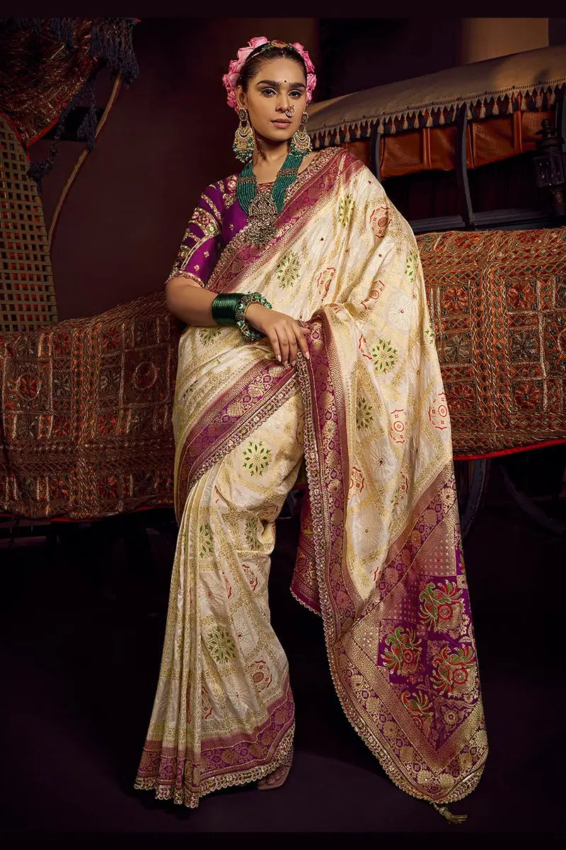 Cream Patola Banarasi Saree with Golden Zari Weave – Bridal & Festive Wear VA