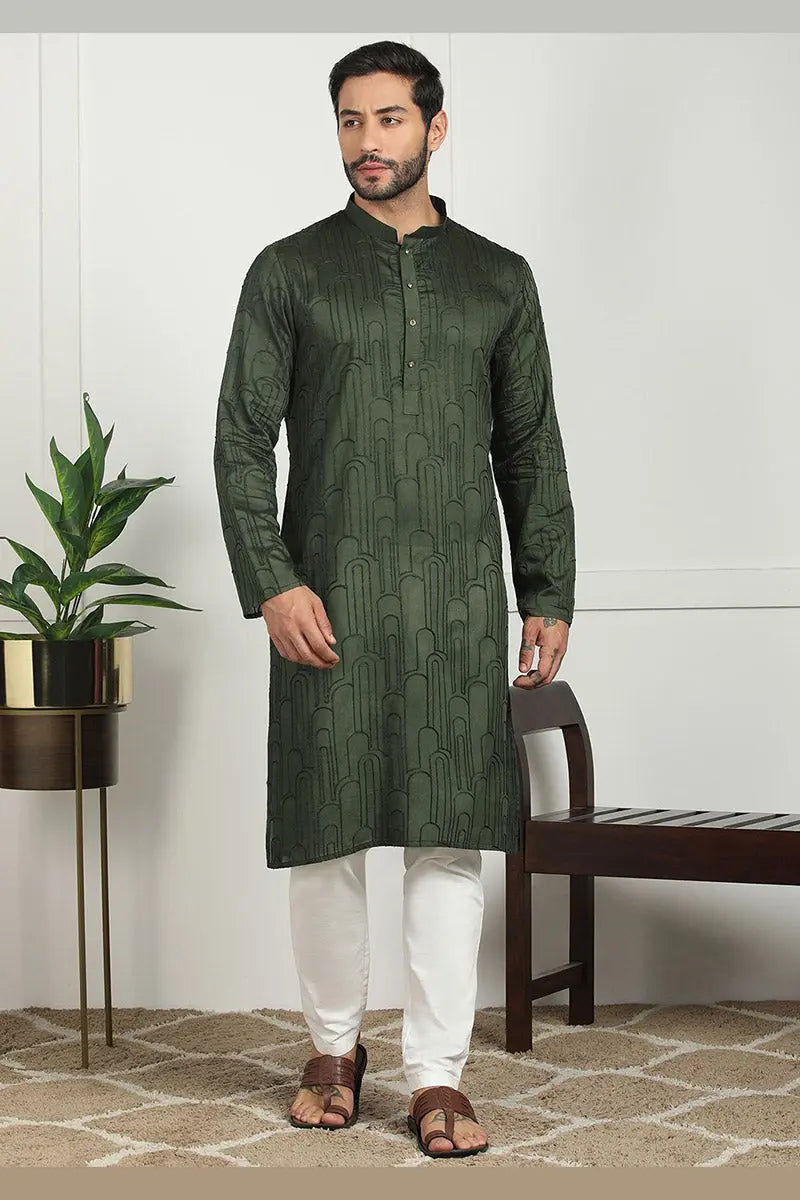 Deep Green Jacquard Kurta for Men – Festive & Formal Wear KSF
