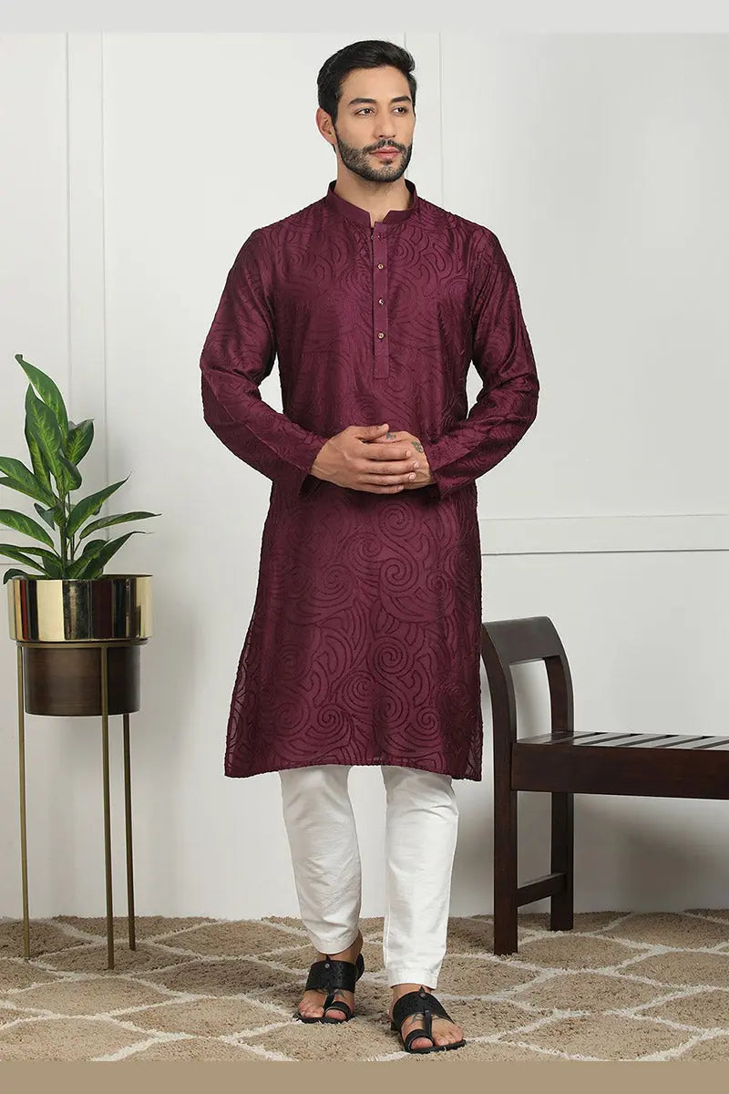 Elegant Maroon Jacquard Kurta for Men – Festive & Formal Wear KSF
