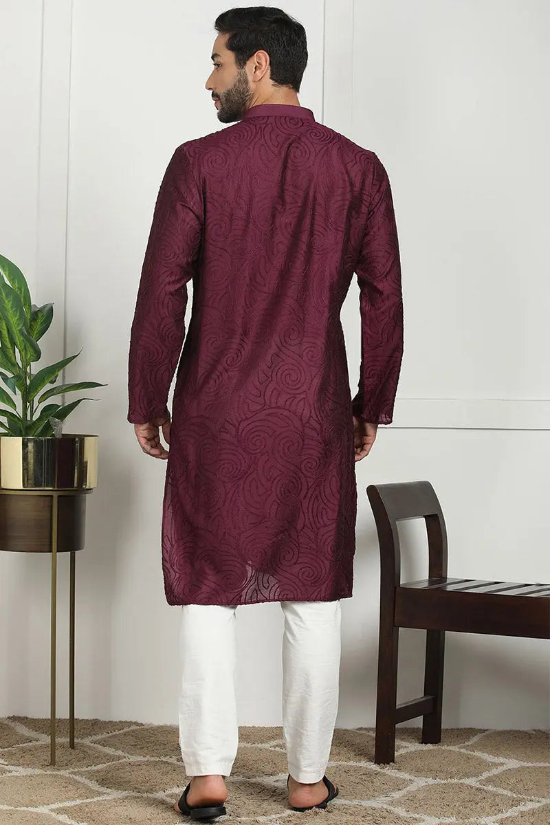 Elegant Maroon Jacquard Kurta for Men – Festive & Formal Wear KSF