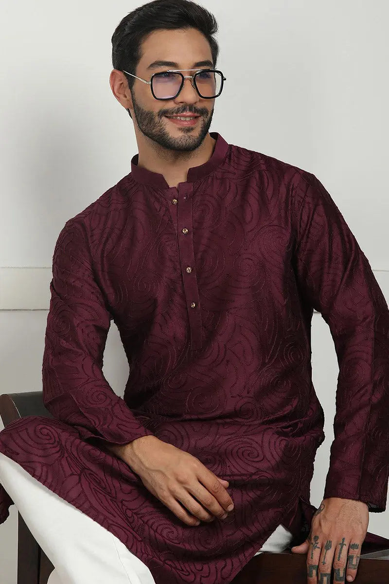 Elegant Maroon Jacquard Kurta for Men – Festive & Formal Wear KSF