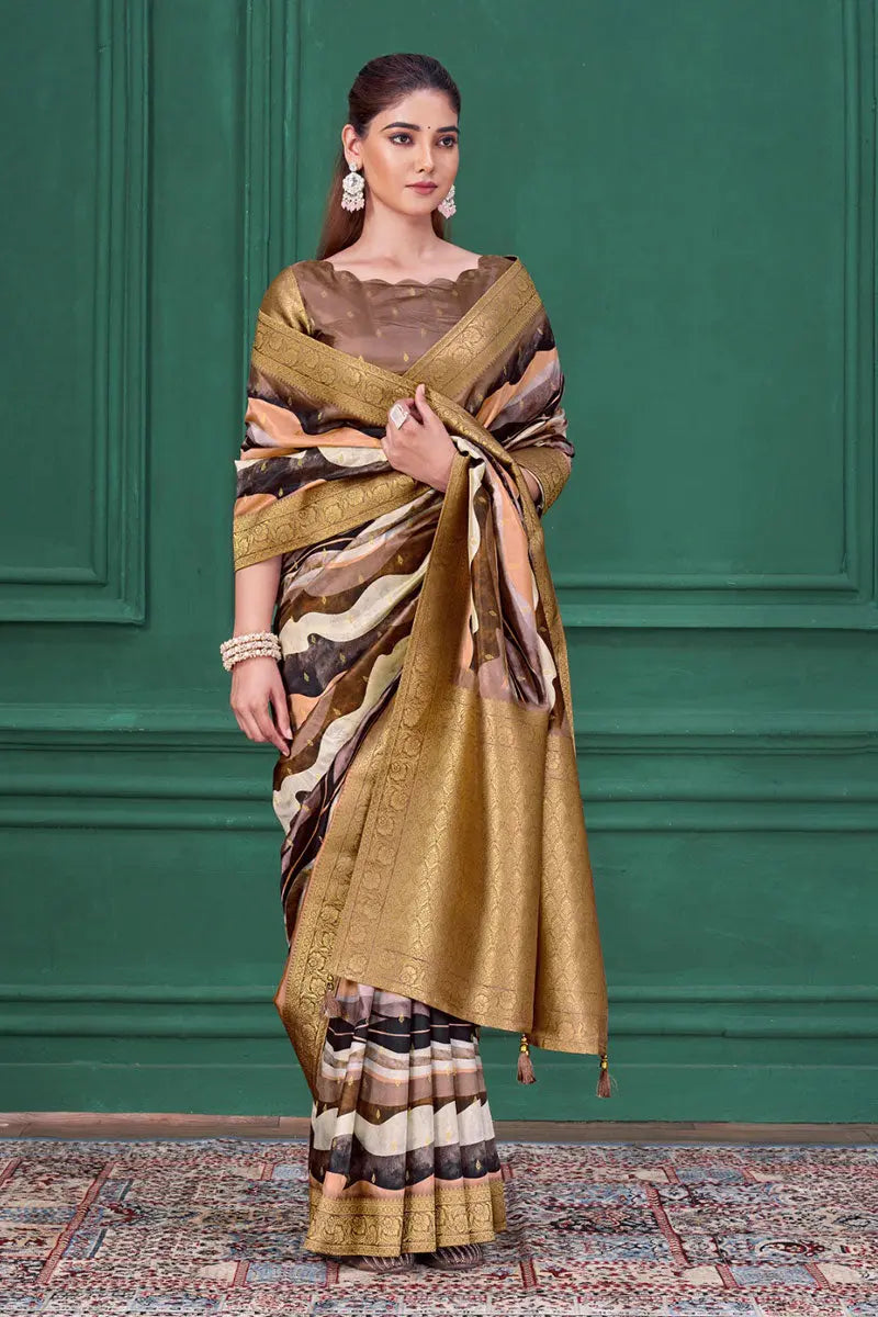 Elegant Multicolor Designer Saree with Golden Zari Border RTI
