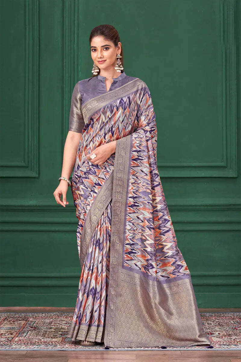 Elegant Multicolor Designer Saree with Purple Blouse & Golden Zari Border RTI