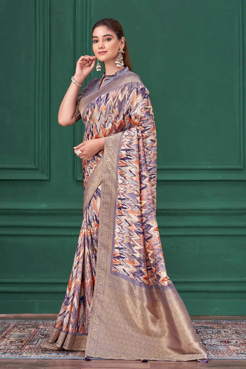 Elegant Multicolor Designer Saree with Purple Blouse & Golden Zari Border RTI