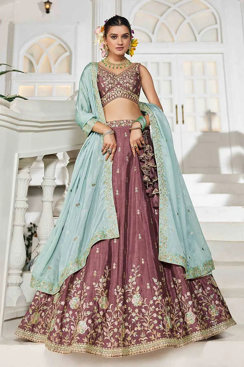 Elegant Rose Gold Embroidered Lehenga with Sky Blue Dupatta – Festive & Wedding Wear RTI