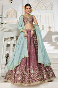 Elegant Rose Gold Embroidered Lehenga with Sky Blue Dupatta – Festive & Wedding Wear RTI