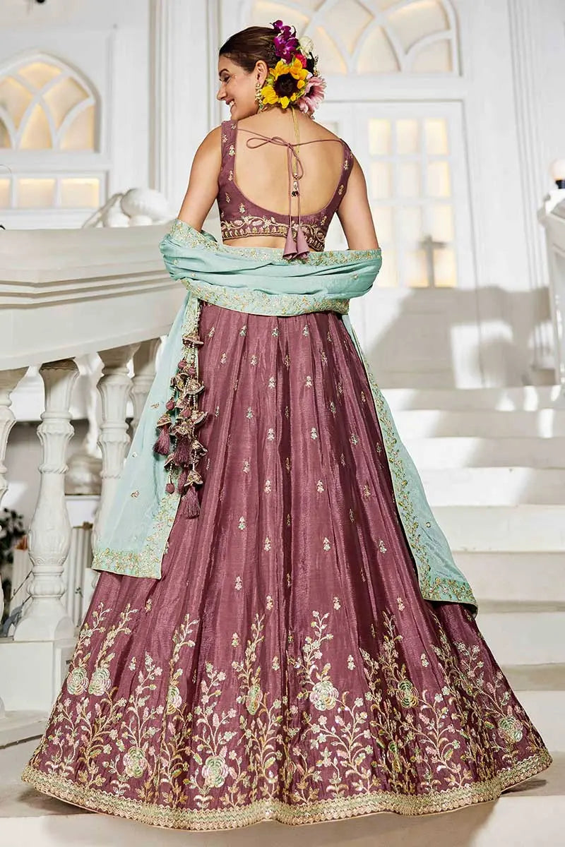 Elegant Rose Gold Embroidered Lehenga with Sky Blue Dupatta – Festive & Wedding Wear RTI