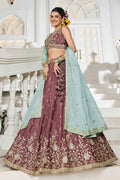 Elegant Rose Gold Embroidered Lehenga with Sky Blue Dupatta – Festive & Wedding Wear RTI
