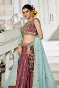 Elegant Rose Gold Embroidered Lehenga with Sky Blue Dupatta – Festive & Wedding Wear RTI