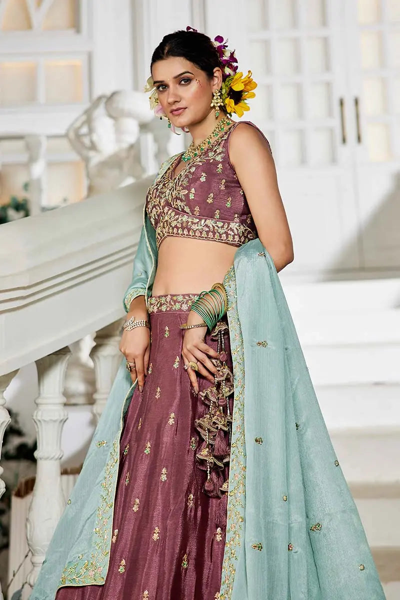 Elegant Rose Gold Embroidered Lehenga with Sky Blue Dupatta – Festive & Wedding Wear RTI