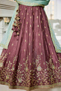 Elegant Rose Gold Embroidered Lehenga with Sky Blue Dupatta – Festive & Wedding Wear RTI