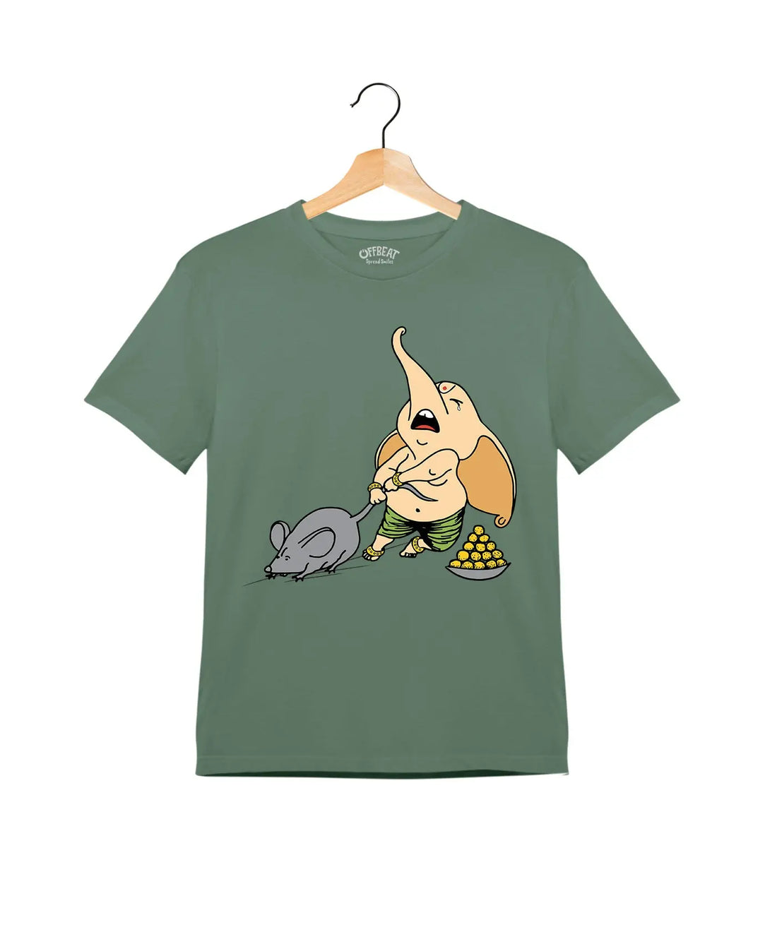 "Elephant and Mouse" - Kids Unisex T-Shirt – Premium Round Neck - Basil Green and Red - 100% Cotton Offbeat