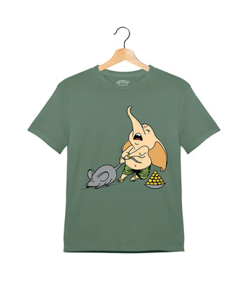"Elephant and Mouse" - Kids Unisex T-Shirt – Premium Round Neck - Basil Green and Red - 100% Cotton Offbeat