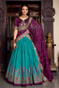 Firozi & Wine Embroidered Silk Lehenga Set with Zari Detailing RTI