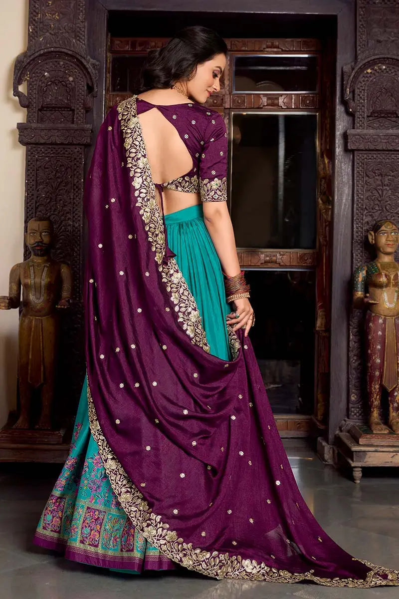 Firozi & Wine Embroidered Silk Lehenga Set with Zari Detailing RTI