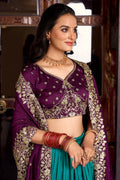 Firozi & Wine Embroidered Silk Lehenga Set with Zari Detailing RTI