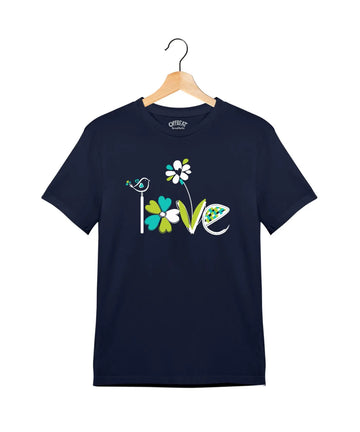 "Flower Love" - Juniors Unisex T-Shirt –  Premium Round Neck - Navy Blue - 100% Cotton Offbeat