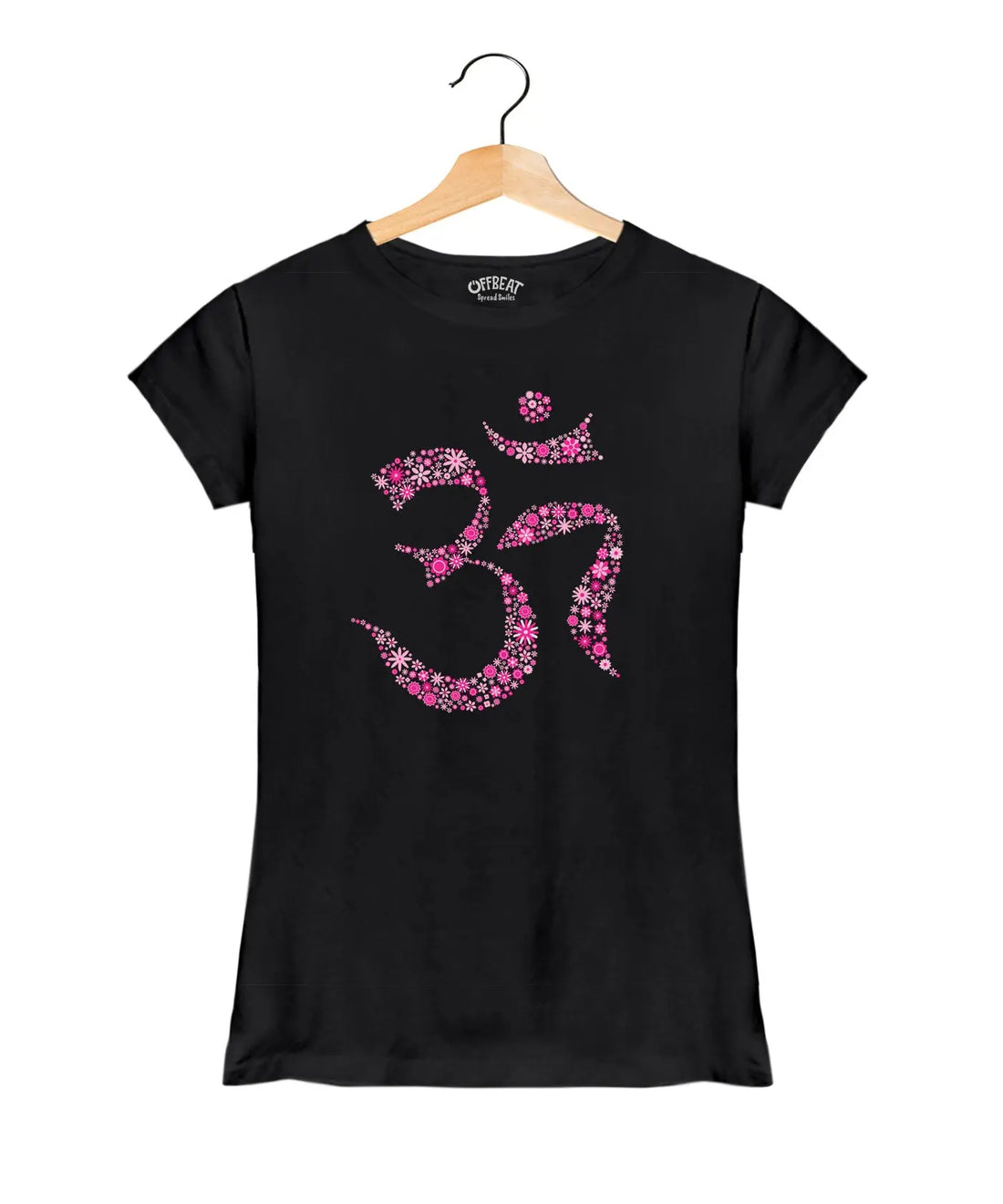 Flower Om - Women’s T-Shirt –  Premium Round Neck - Black - 100% Cotton Offbeat