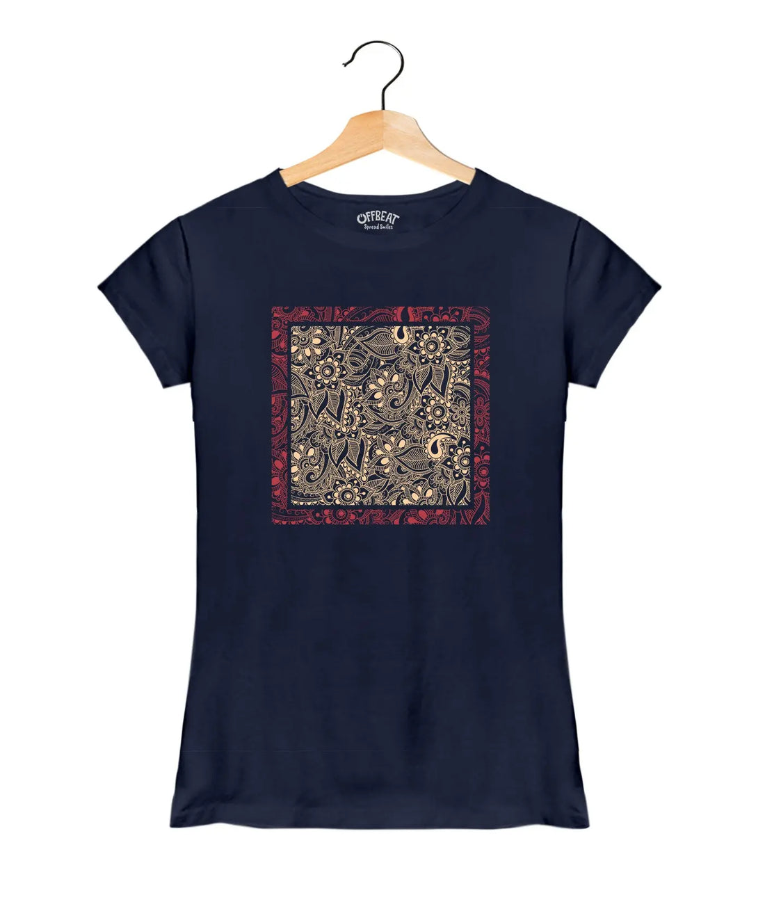 Flowers And Leaves Art - Women’s T-Shirt –  Premium Round Neck - Navy Blue - 100% Cotton Offbeat